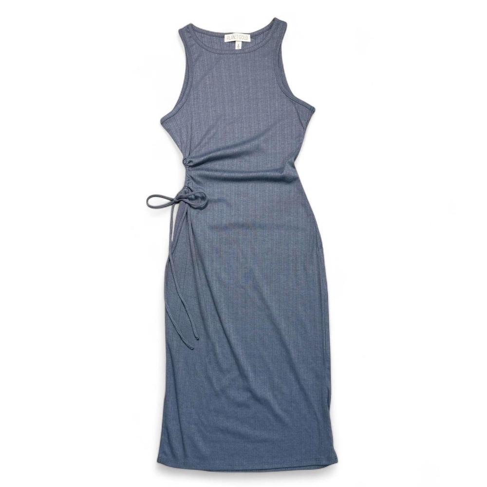 Women's Planet Gold Ribbed Ruched Bodycon Blue Sleeveless Midi Dress Size Small
